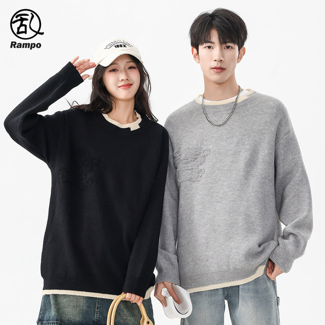 Random walks winter men's fake two-piece round neck loose pullover sweater trendy brand trendy high-end base shirt knitted sweater
