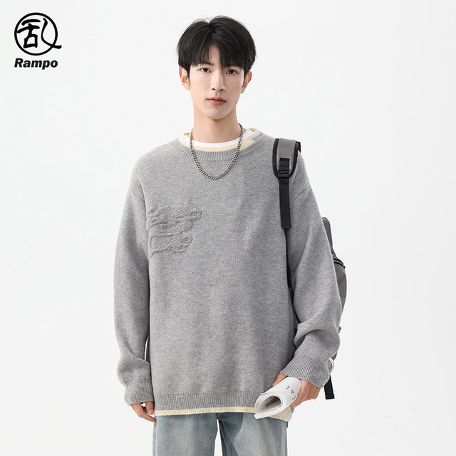 Random walks winter men's fake two-piece round neck loose pullover sweater trendy brand trendy high-end base shirt knitted sweater