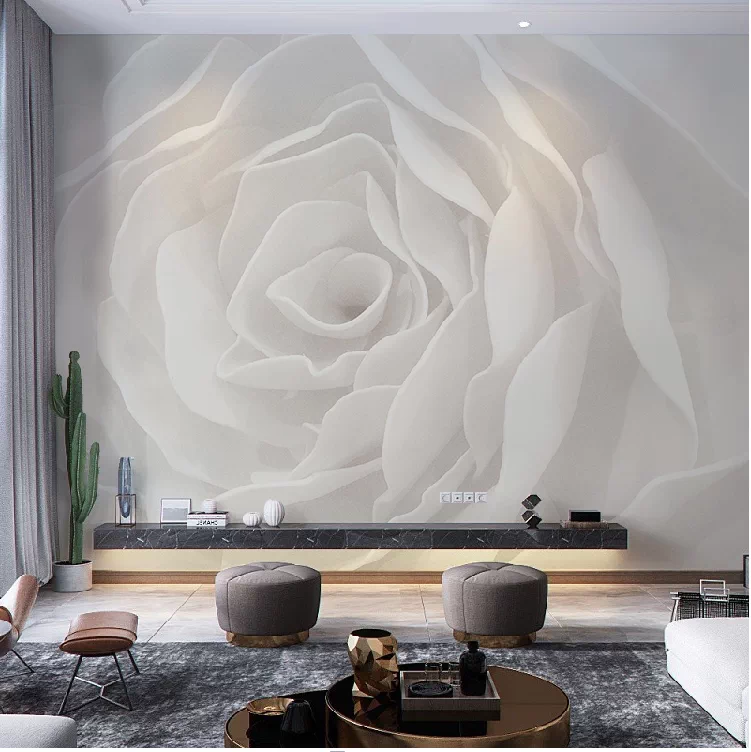 現代簡約白玫瑰電視背景牆紙臥室客廳壁紙布大氣溫馨玫瑰淡雅壁畫