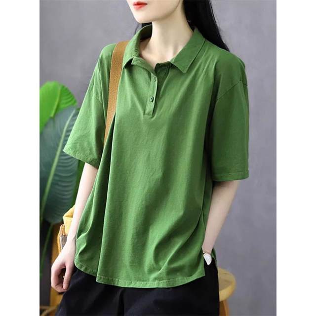 Green Cotton POLO Polo Leading T -shirt Female Spring and Autumn Poor Spring and Autumn Loose Bottom bottom shirt Casual retro latitude
