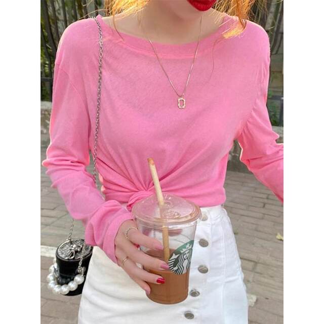 Green mask long-sleeved T-shirt for women in spring and summer new loose base shirt slimming sunscreen blouse round neck ice silk top