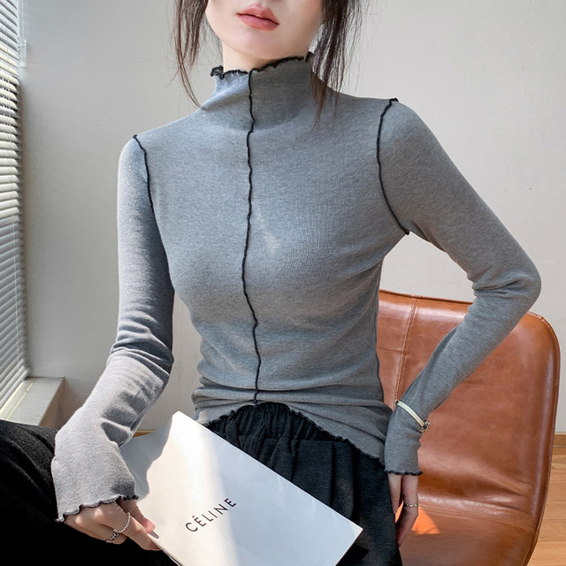 Gebei Shang Europe and the United States retro non -lock edge half -high -necked long -sleeved grinding hair, the female top of the female top, stitching design feel bottoming shirt