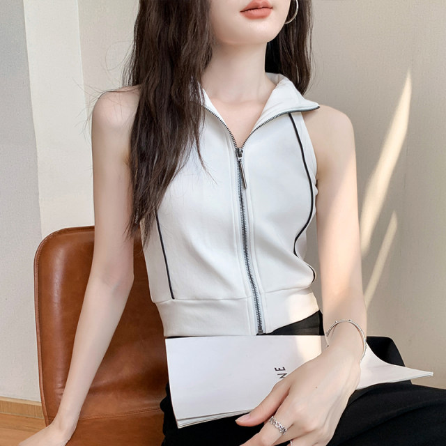 Women's halter sleeveless top 2025 spring and summer lapel pure cotton vest sports zipper sweatshirt vest short jacket