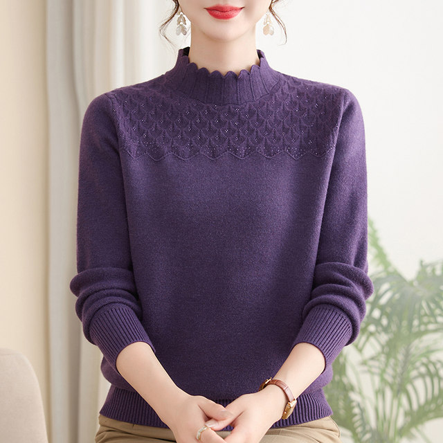 Mom's stylish velvet thickened sweater, middle-aged women's new long-sleeved top, middle-aged and elderly autumn and winter knitted bottoming shirt