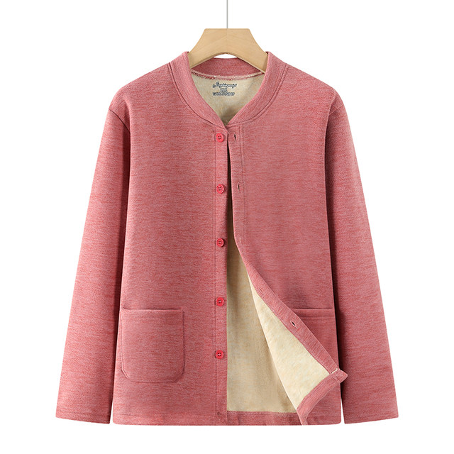 Middle-aged and elderly women's autumn clothes, German velvet mother's cardigan top, brushed thickening, thermal underwear for the elderly, cotton sweater