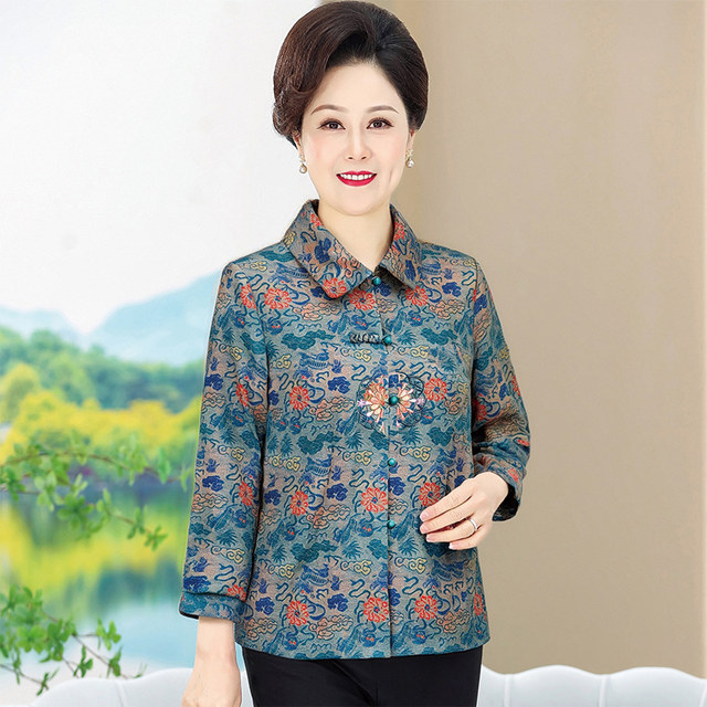 Middle-aged and elderly women's autumn clothes long-sleeved shirt middle-aged mother spring and autumn shirt elderly thin coat women's grandma