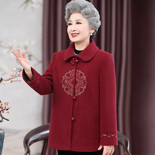 Elderly women's clothing, grandma's winter woolen coat, middle-aged and 60-year-old mother-in-law's autumn and winter thickened woolen and cotton tops