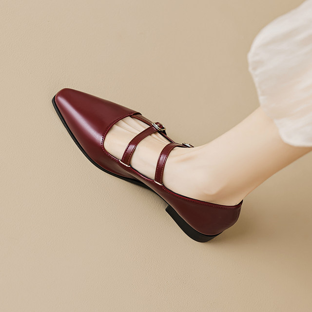 Pointed toe Mary Jane shoes for women 2025 new spring and autumn French soft sole retro leather shoes flat single shoes large size women's shoes