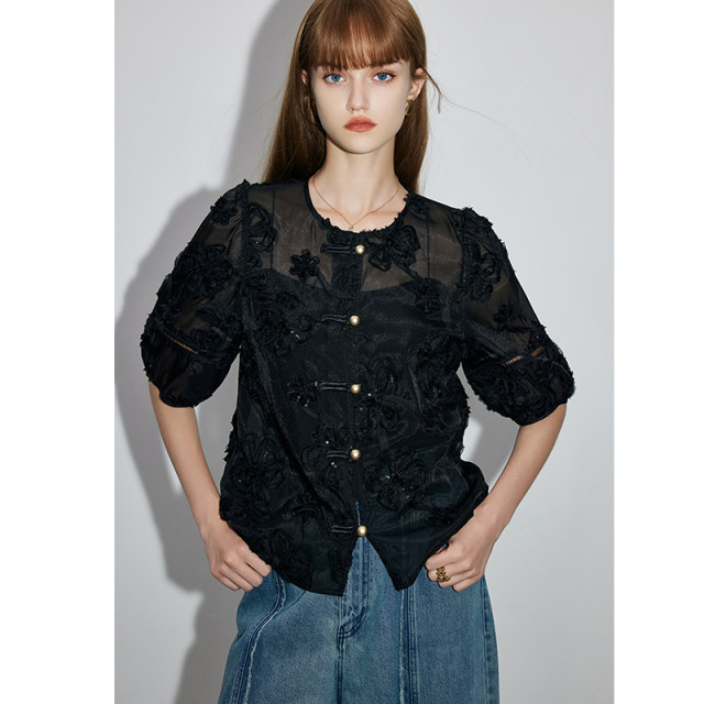 dfvc light luxury style heavy industry sequin three-dimensional embroidered shirt for women 2025 spring new loose black short-sleeved shirt