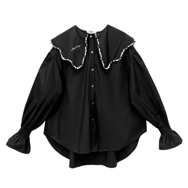 dfvc black French doll collar long sleeve shirt for women for spring 2025 new petal sleeves loose cotton top thin