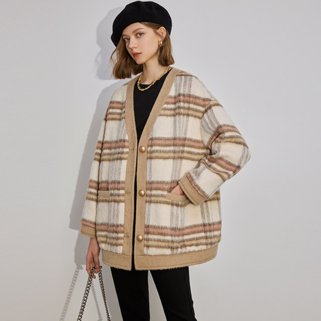 dfvc fashion wool short plaid wool coat for women 2025 winter new V-neck loose wool coat