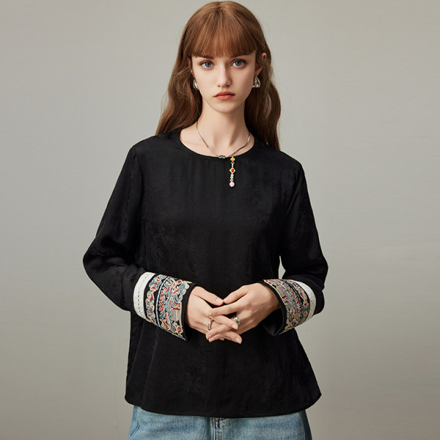 dfvc black Chinese style jacquard tense long-sleeved shirt for women in spring 2025 new embroidered inner bottoming shirt thin