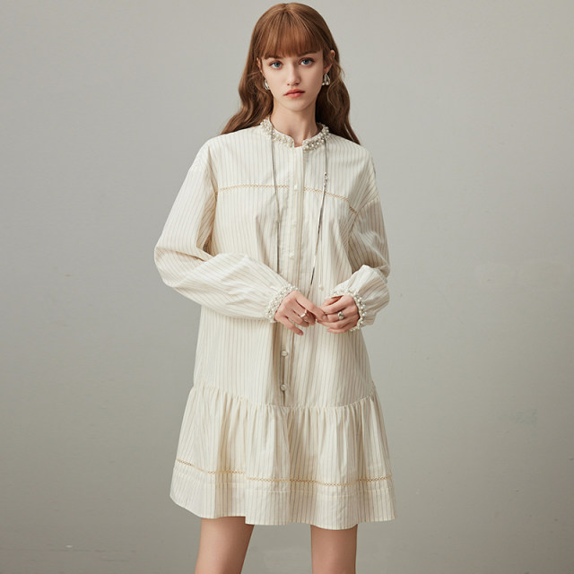 dfvc casual cotton shirt dress for women 2025 spring new striped spliced ​​belt loose doll skirt