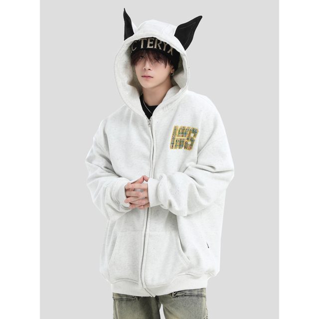 NOPASS National Fashion Brand Original American Doberman Pinscher Ear Hooded Sweatshirt Starry Stars Plus Velvet Cardigan Jacket for Women