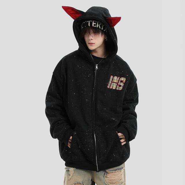 NOPASS National Fashion Brand Original American Doberman Pinscher Ear Hooded Sweatshirt Starry Stars Plus Velvet Cardigan Jacket for Women