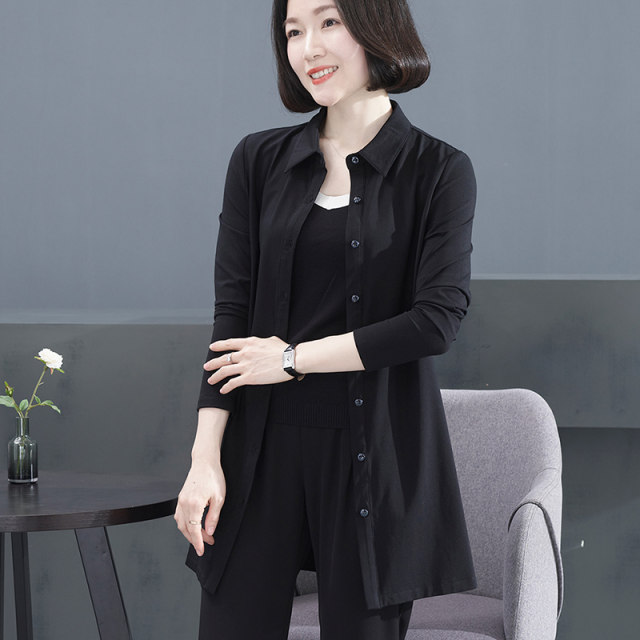Mid -long shirt female covers her ass, fashion spring and autumn new cardigan, wearing a shirt outside Modal long sleeve top