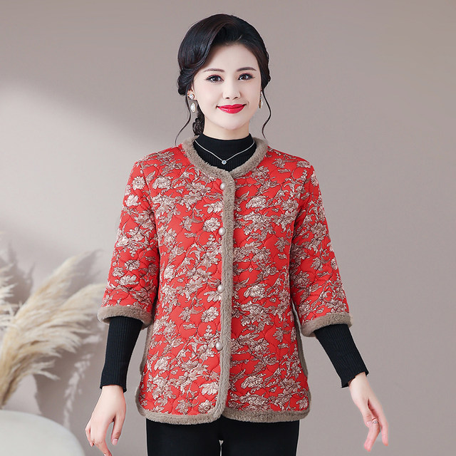Mom wear plus velvet mid-sleeved cotton coat in autumn and winter home fashionable half-sleeved vest middle-aged and elderly women's cotton warm cotton jacket