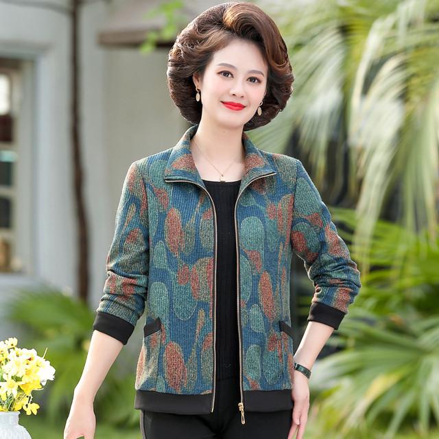 Mom's autumn jacket short fashionable 2025 new middle-aged women's printed lapel thin middle-aged and elderly tops