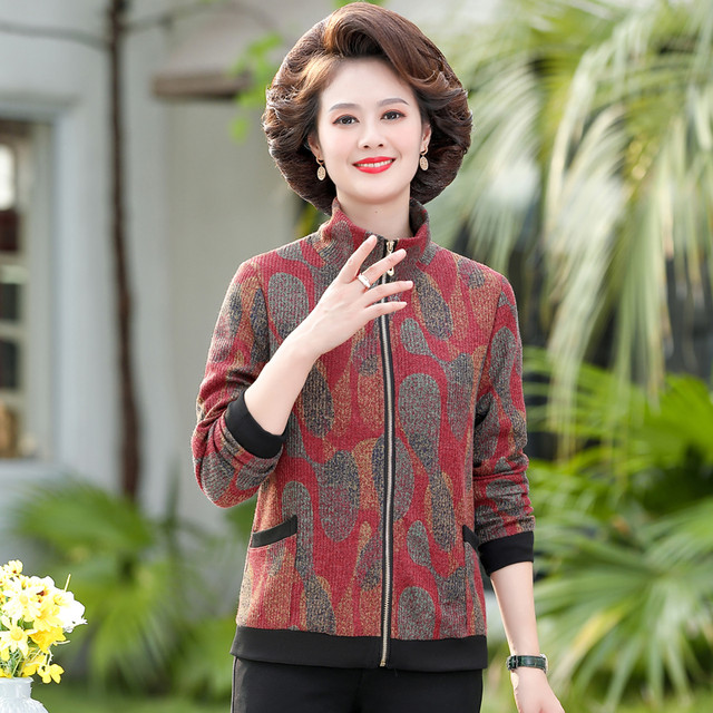 Mom's autumn jacket short fashionable 2025 new middle-aged women's printed lapel thin middle-aged and elderly tops
