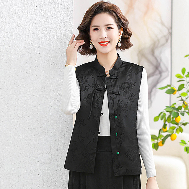 Mom's autumn clothes retro style Tang suit vest jacket fashionable middle-aged and elderly women's spring and autumn vest fashionable horse clip top