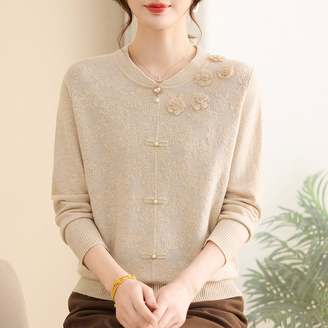 Mom wear spring and autumn long-sleeved bottom shirt middle-aged ladies loose top clothes middle-aged and elderly people autumn and winter suit thin sweater