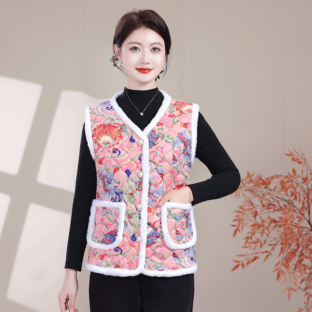Mother's velvet thickened vest cotton coat autumn and winter middle-aged and elderly women's Northeast large flower vest cotton coat