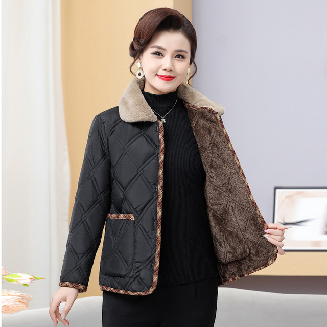 Mother's autumn and winter thin cotton-padded coat plus velvet warm cotton coat, fashionable middle-aged and elderly women's spring and autumn small cotton-padded jacket