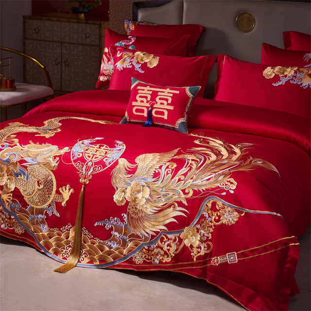 Chinese dragon and phoenix embroidery cotton four-piece wedding pure cotton red wedding quilt cover festive long-staple cotton gift bedding