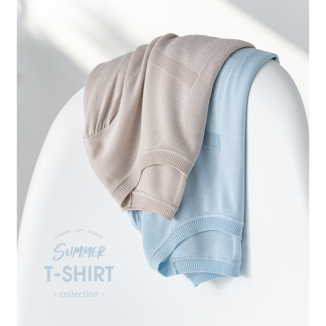 Cool mulberry silk simple knitted pullover mid-sleeves and quarter-sleeves~Versatile basic slimming thin style T-shirt for women