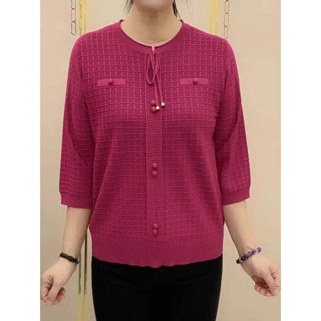 Early autumn thin casual solid color versatile round neck mid-sleeved tie-up vertical buckle T-shirt women's top short base shirt