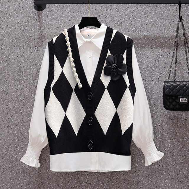 Large size women's clothing 2025 spring clothing new slim knitted vest vest fat sister sweater jacket top set