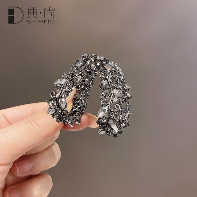 French retro gun black flash drill leaf grab clip women 2025 new high-end hair clip back head top clip hair card