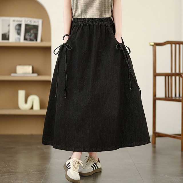 Retro old grinding white denim skirt for women in spring and autumn large size fat mm fashionable lace-up mid-length A-line large hem skirt
