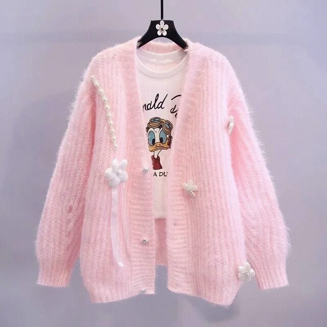 Large-size beaded design sweater jacket for women 2025 spring and autumn new loose lazy style knitted cardigan
