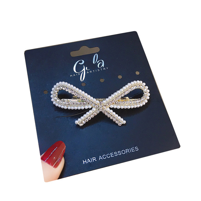 
Korean-style bow-knot spring clip on the back of the head, top clip, one-word clip, fashionable imitation pearl hairpin, horizontal clip, versatile hairpin