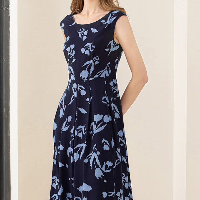 Mingshilu printed dress for women in summer 2025 new round neck thin waist mid-length skirt sleeveless fashion