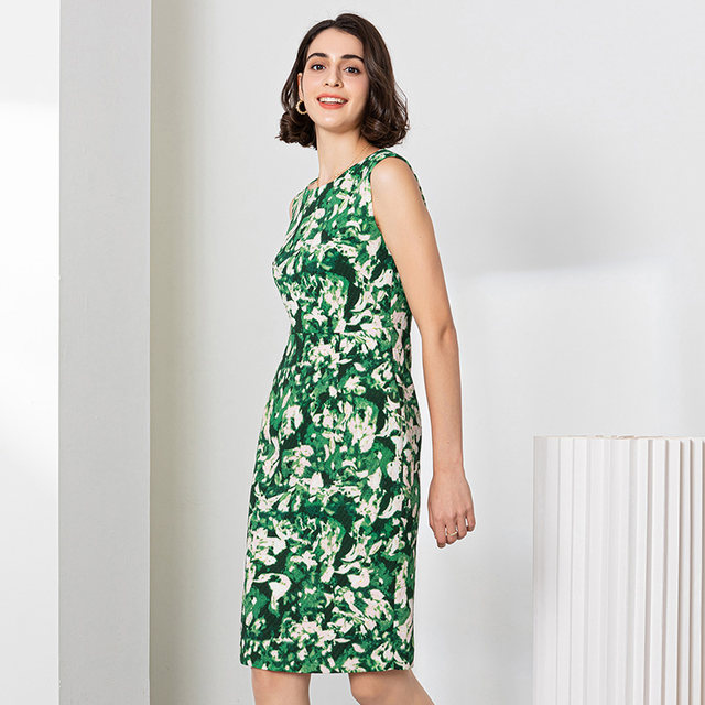 Famous teacher road green and white printed sleeveless dress for autumn women's new mid-waist slim commuting round neck intellectual