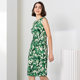 Famous teacher road green and white printed sleeveless dress for autumn women's new mid-waist slim commuting round neck intellectual