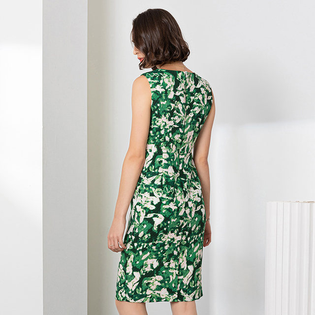 Famous teacher road green and white printed sleeveless dress for autumn women's new mid-waist slim commuting round neck intellectual