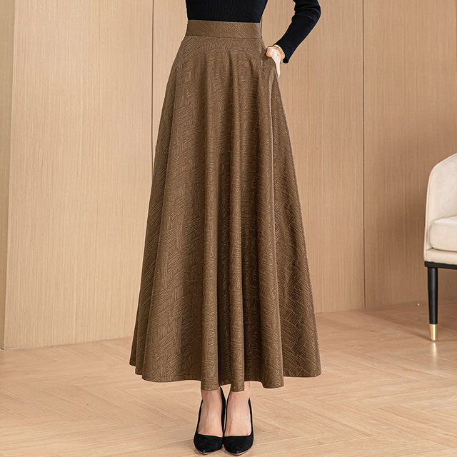 Spring and Autumn new high-end brown large-size skirt for women's retro large-size A-line skirt versatile temperament long skirt umbrella skirt