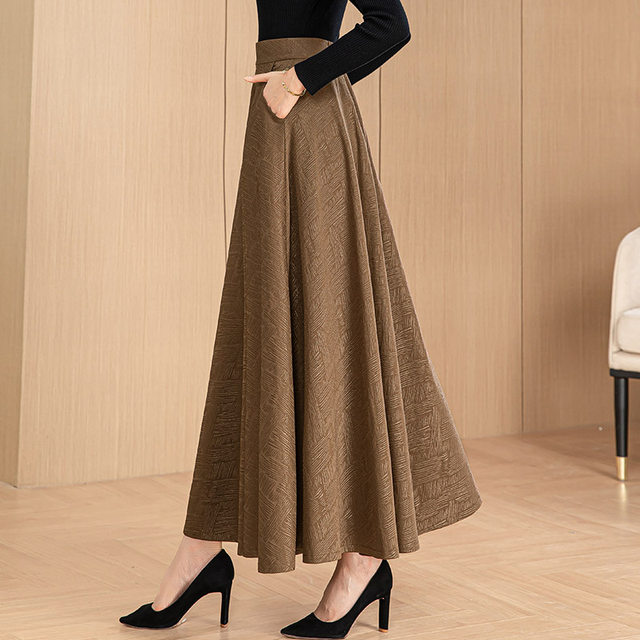 Spring and Autumn new high-end brown large-size skirt for women's retro large-size A-line skirt versatile temperament long skirt umbrella skirt