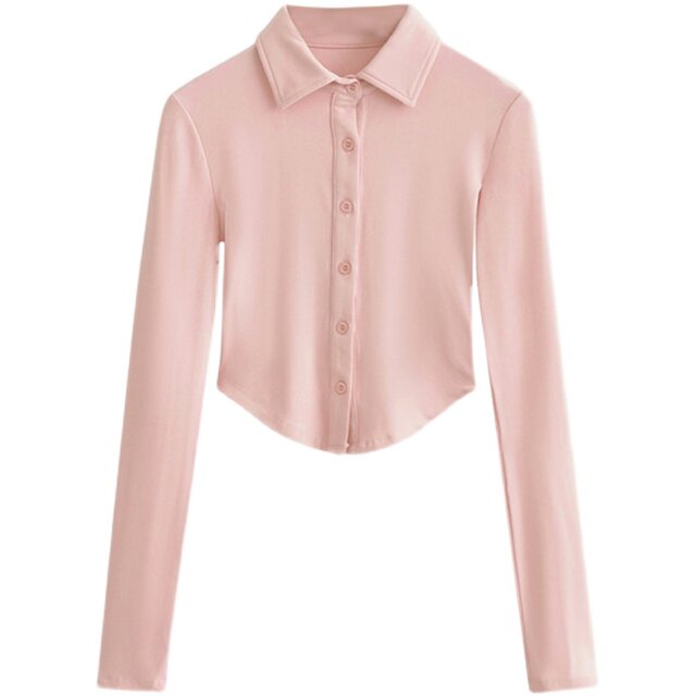 American retro Polo collar single-breasted long-sleeved shirt for women slim hot girl curved hem short T-shirt