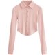 American retro Polo collar single-breasted long-sleeved shirt for women slim hot girl curved hem short T-shirt