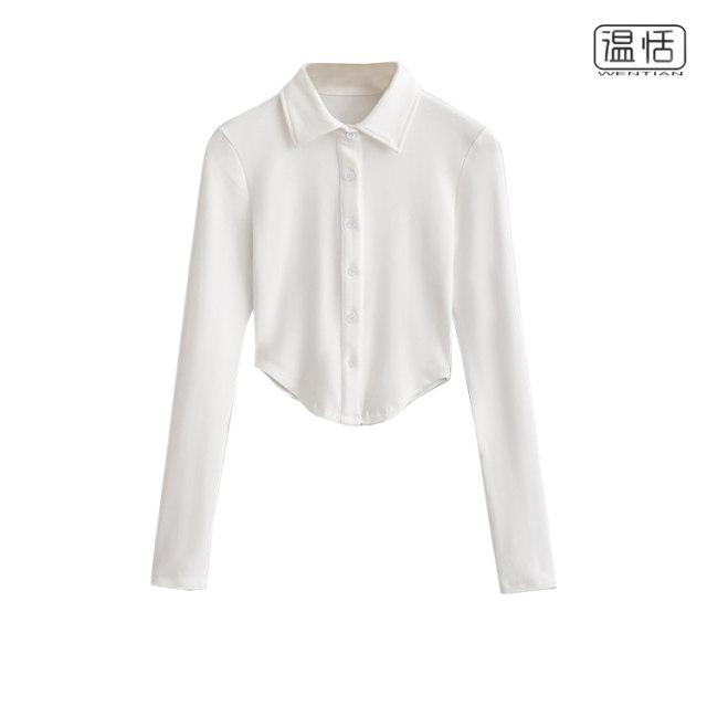 American retro Polo collar single-breasted long-sleeved shirt for women slim hot girl curved hem short T-shirt