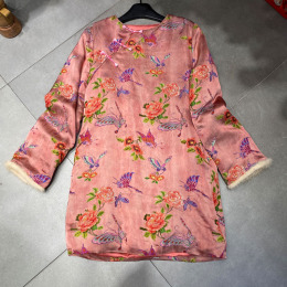 New Chinese style polka-necked flower jacquard dress with cotton warm improved cheongsam midi skirt mink splice skirt