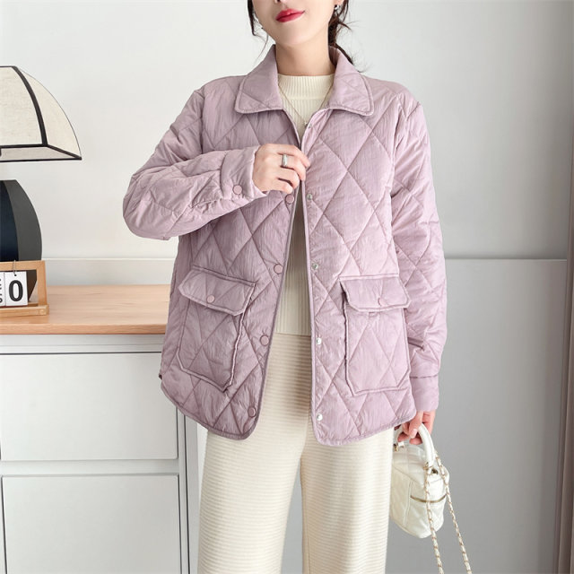 Autumn and winter new female light loose warm padded jacket large size fat MM lapel diamond -shaped grid pressure line small cotton jacket jacket