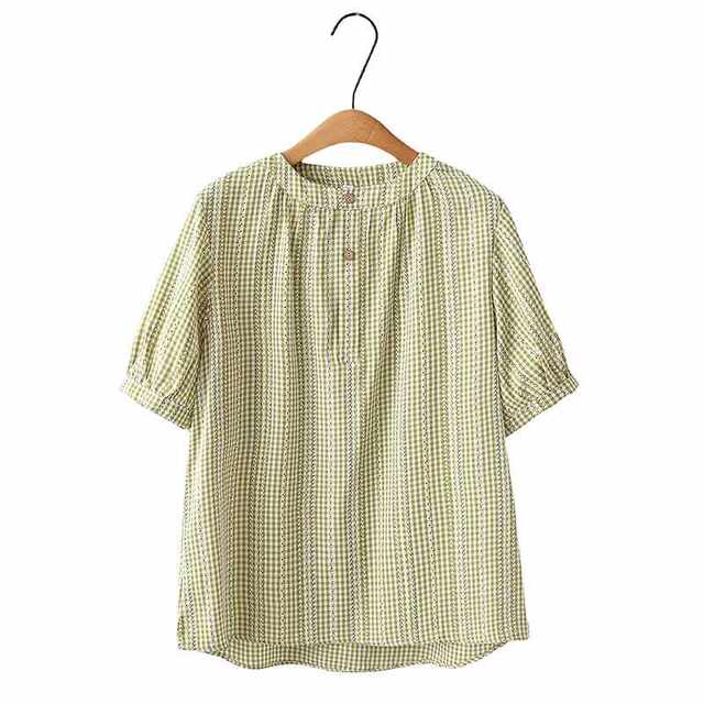 Large size women's summer new fashionable design pullover puff short-sleeved plaid plus-size shirt women's top