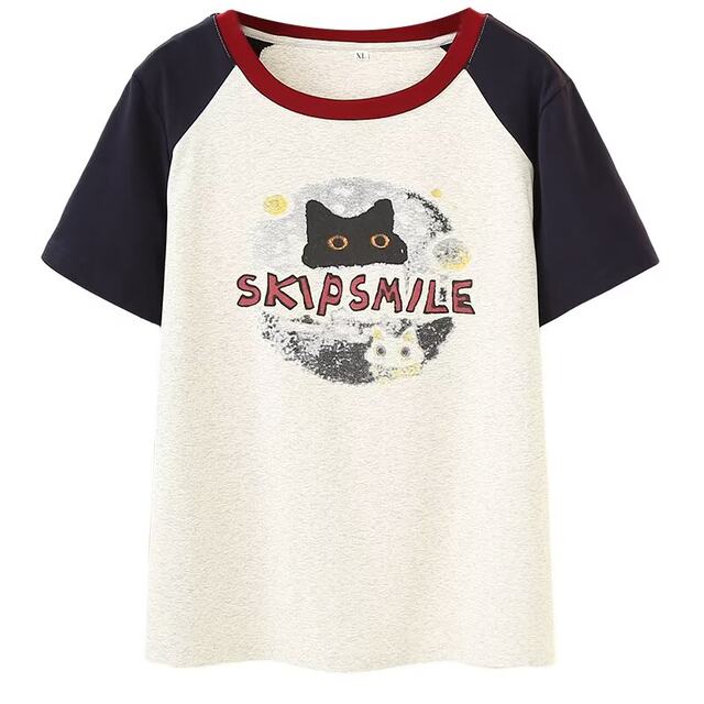 Gray retro raglan short-sleeved T-shirt for women in summer Hong Kong style large-size contrasting color round neck cat printed slim top