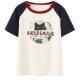 Gray retro raglan short-sleeved T-shirt for women in summer Hong Kong style large-size contrasting color round neck cat printed slim top