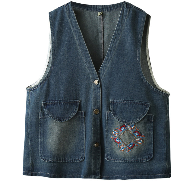 Large size women's V-neck retro pocket embroidered denim vest fashionable loose slim sleeveless horse clip jacket